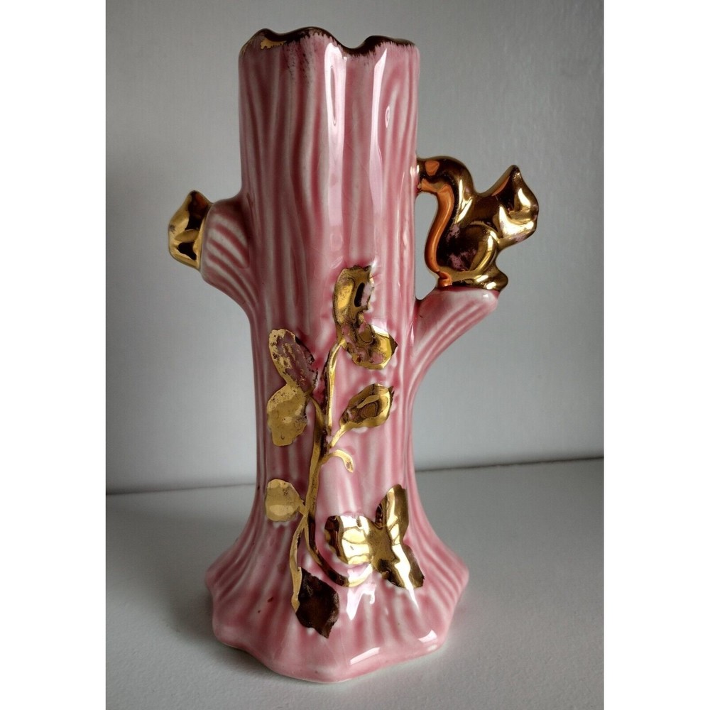 Pink Ceramic Tree Trunk 22K Gold Trim Squirrel & Leaf Design Flower Bud Vase